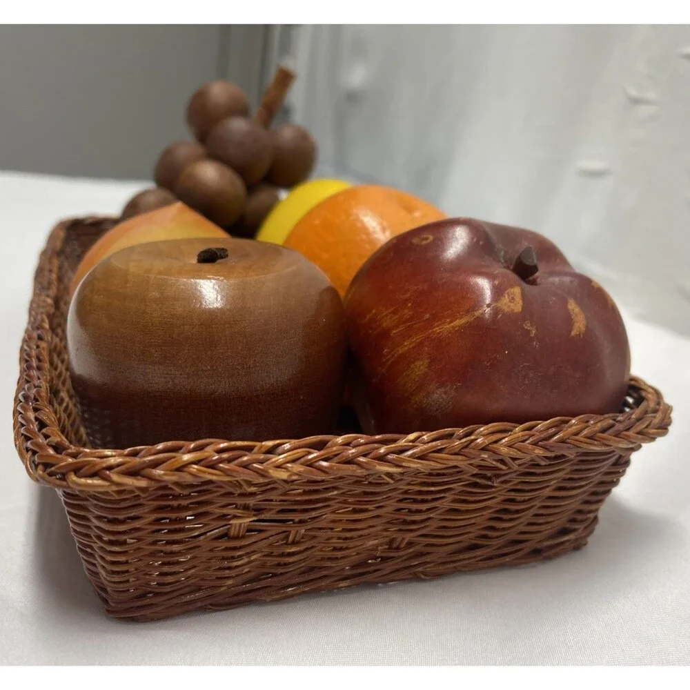 Vintage Retro MCM Solid Wood Lot Colored Fruit Hand Carved 6 Pieces + Basket